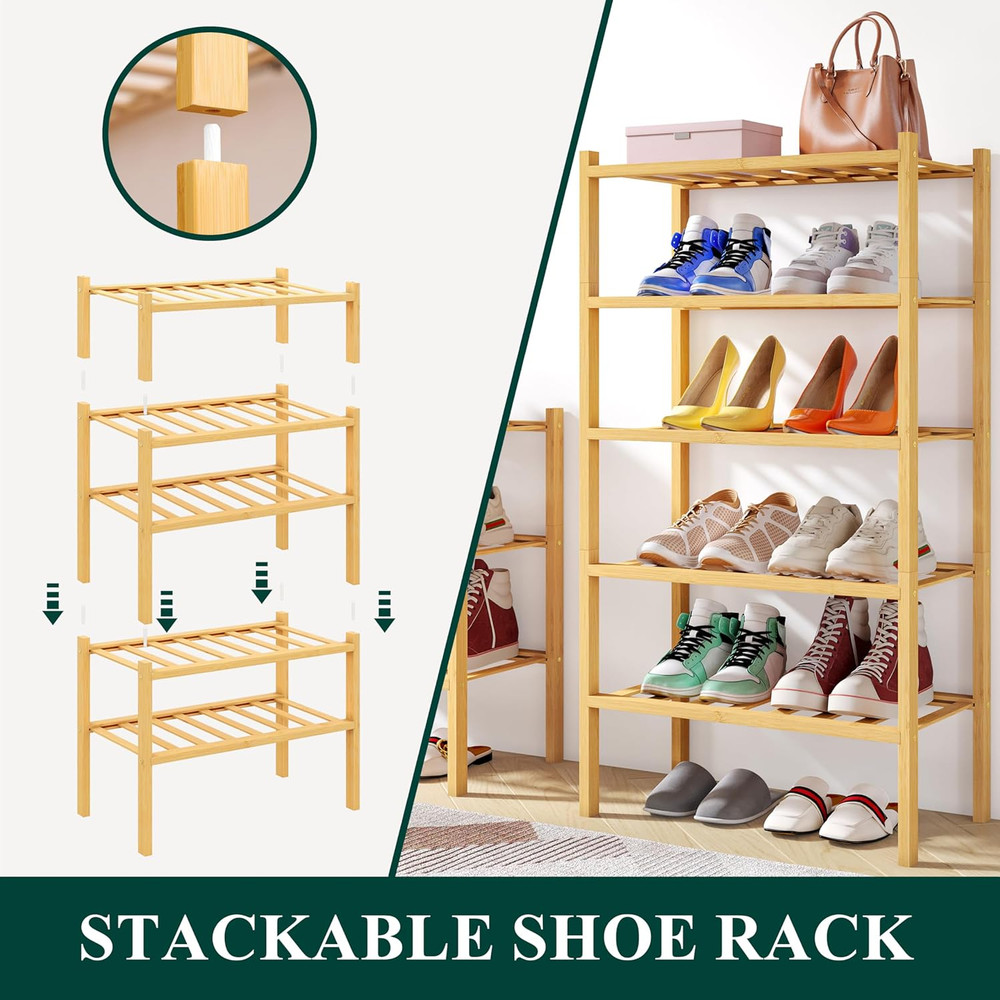 Shoe Rack, 4 Tier Small Bamboo Shoe Organizer, Stackable Free Standing Wooden