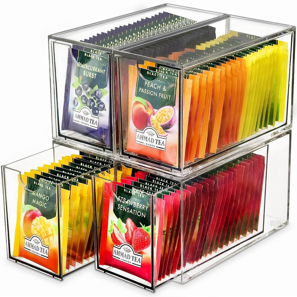 4 Pack Tea Bag Drawers Organizer, Clear Plastic Stackable Tea Organizers and ...