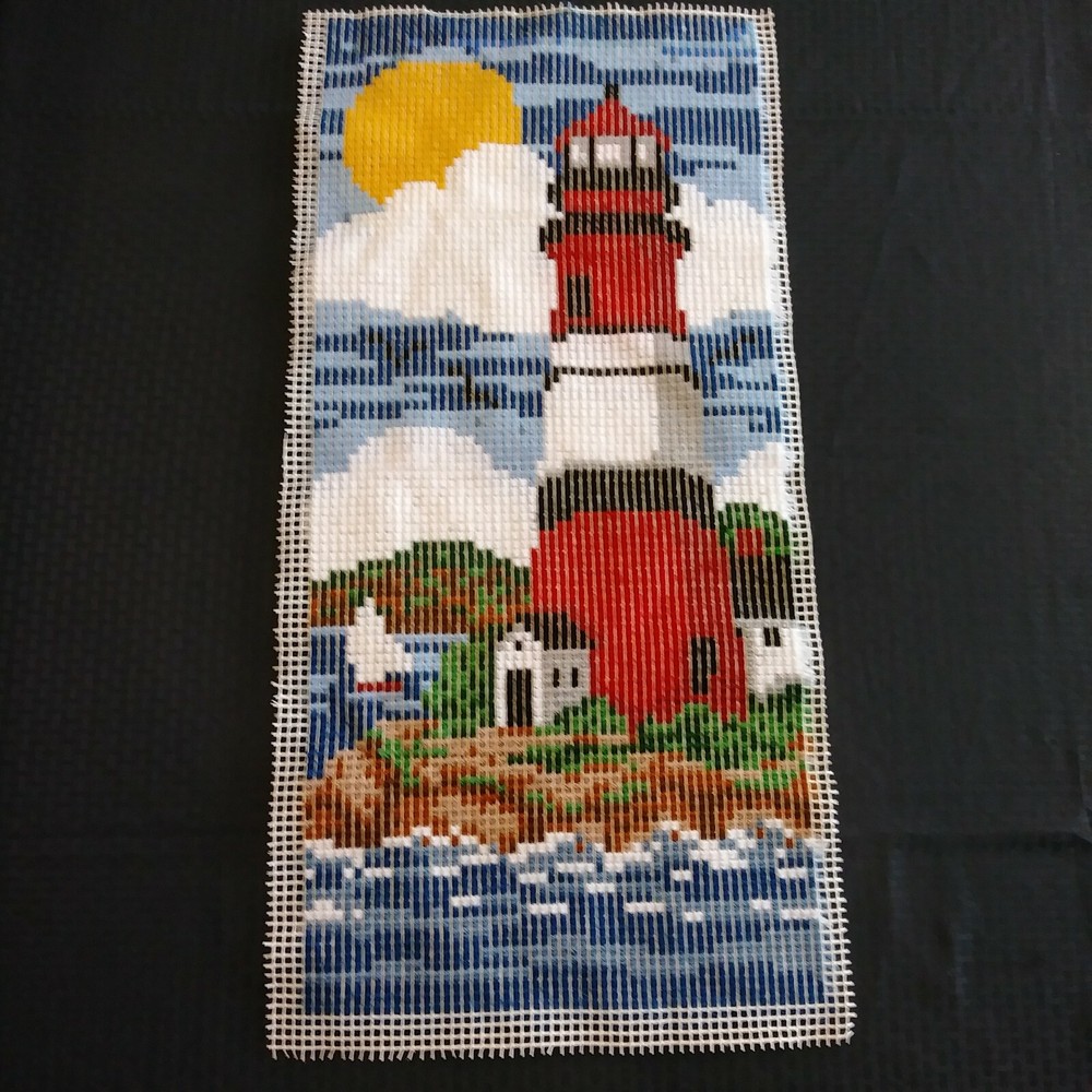 Vtg Lighthouse Completed Latch Hook Rug Wall Hanging 18x36