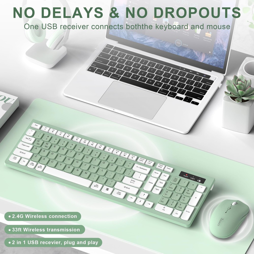 Wireless Keyboard and Mouse Combo, FullSized Wireless Keyboard and Adjustable...