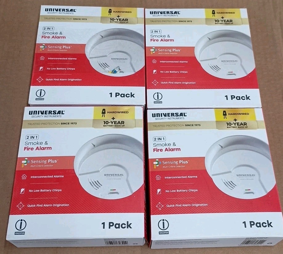(4) Universal Security Instruments Hardwired 2 In 1 Smoke & Fire Alarm White