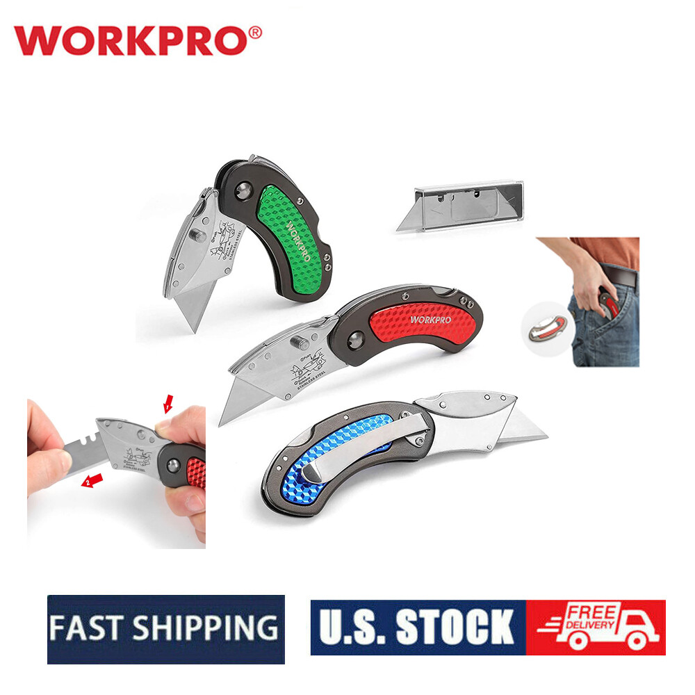 WORKPRO 3PCS Folding Utility Knife Set Quick Change Blade W/10PCS Extra Blades
