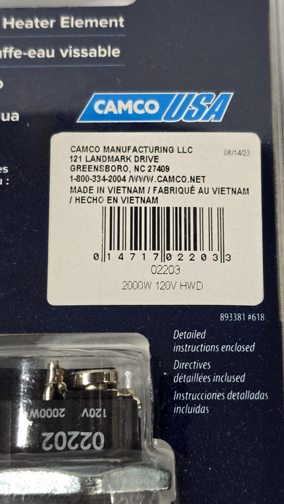 Camco 02203 Screw-In Universal Water Heater Element, HWD 120 Volt, 2000 Watt