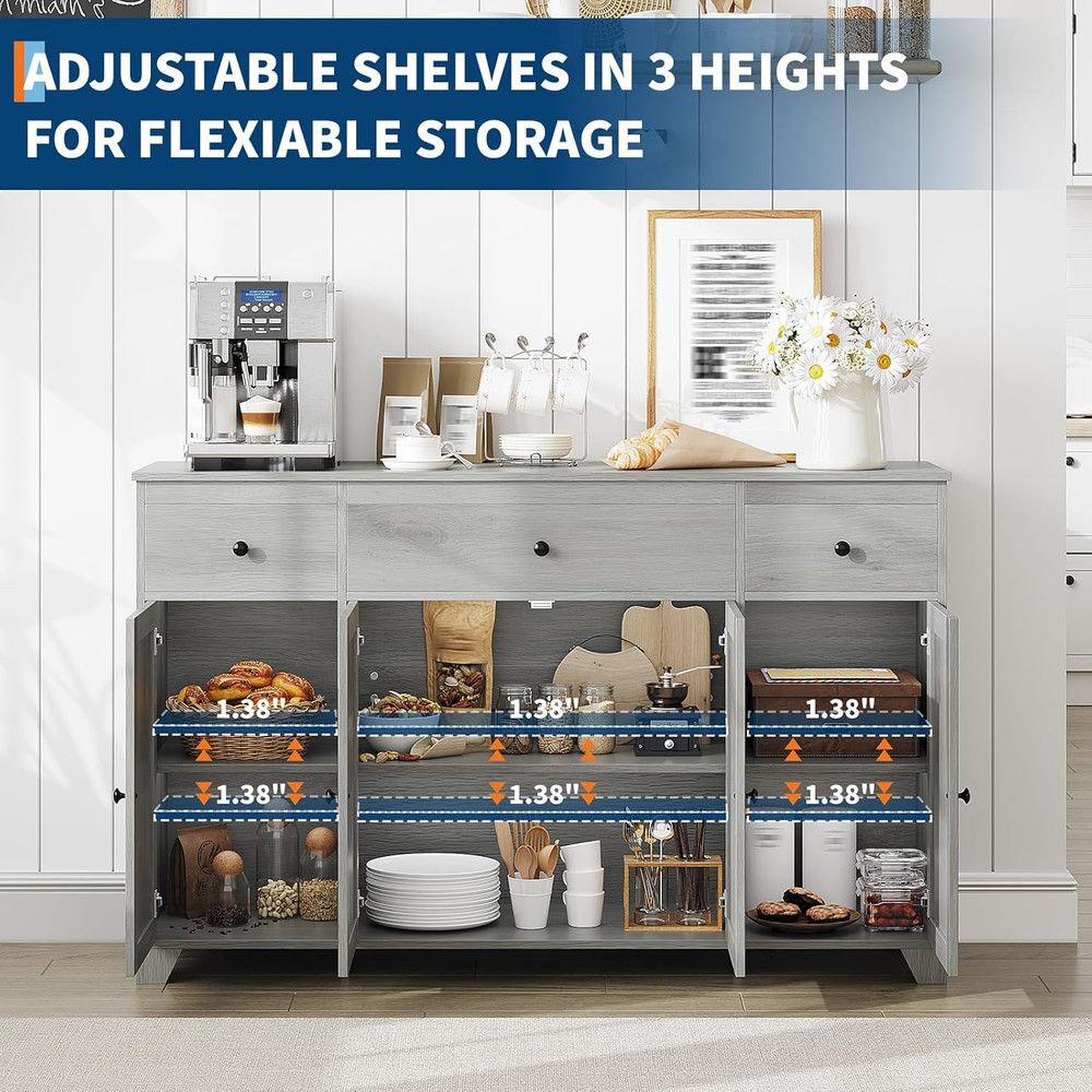 55" Grey Buffet Cabinet with Drawers & Shelves for Kitchen & Dining