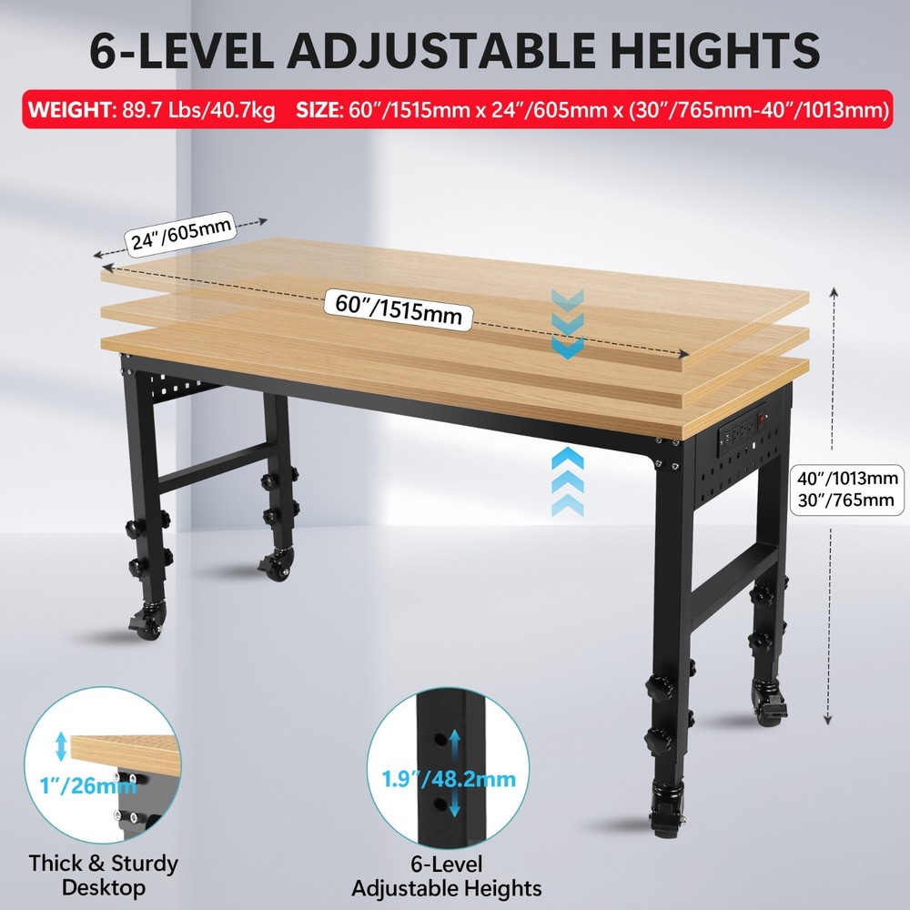 60"Rolling Adjustable Heavy Duty Workbench with Rubber Wood Top Working