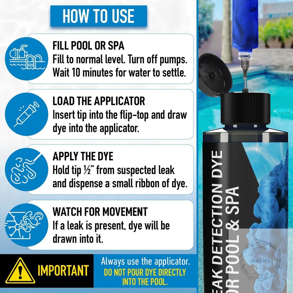 Pool Leak Detection Dye Kit - 75+ Tests 2 Stainless Steel Precision Applicators