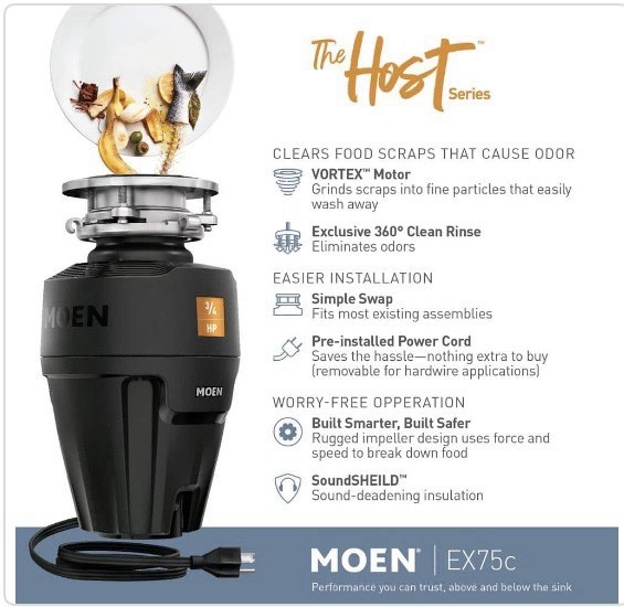 NEW MOEN Host Series 3/4-HP Continuous Feed Space Saving Garbage Disposal