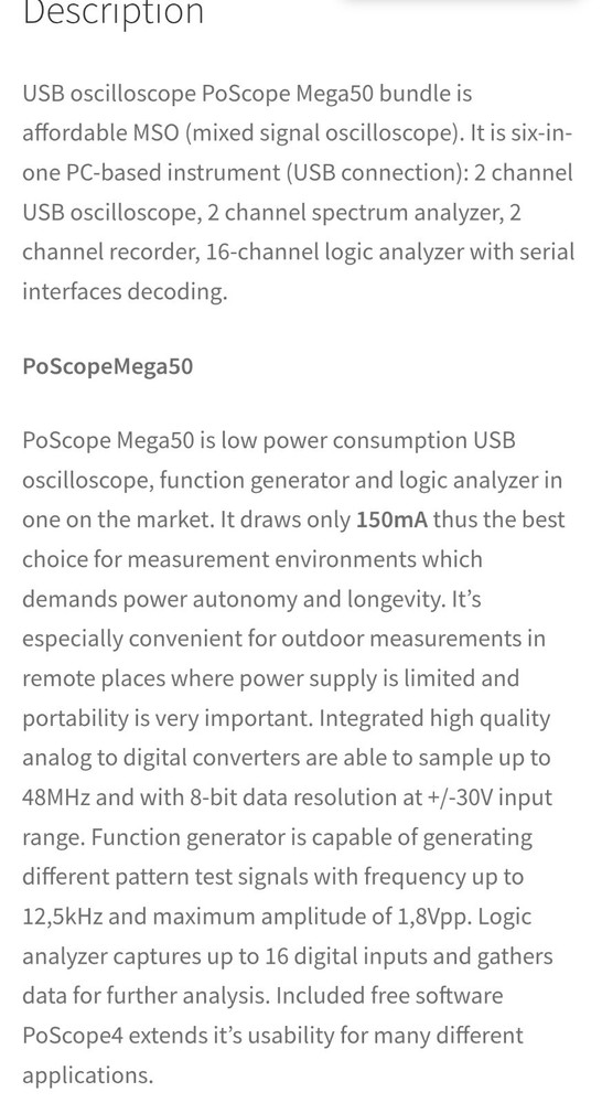PoScope 2 channel USB Oscilloscope/Function Generator/16 channel logic analyzer.