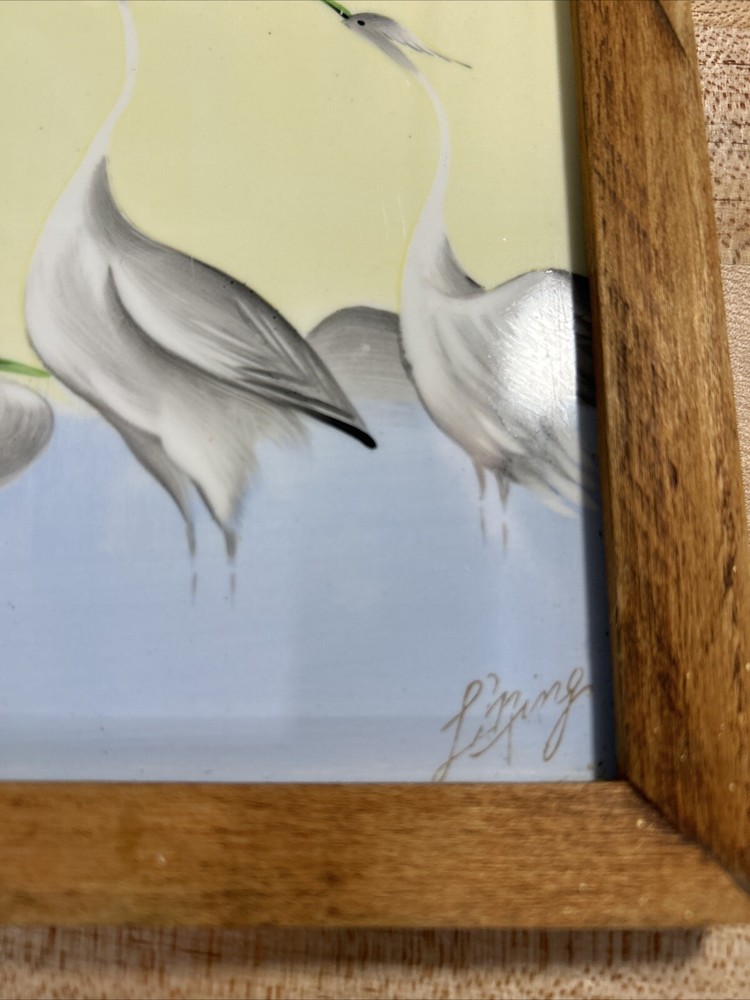 Vintage Art Tile Framed Signed Hand-Painted Cranes