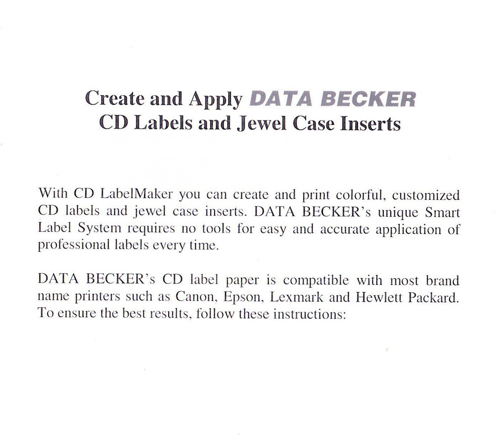 DATA BECKER CD LABEL MAKER OPEN BOX WITH MANUAL WINDOWS 95/98