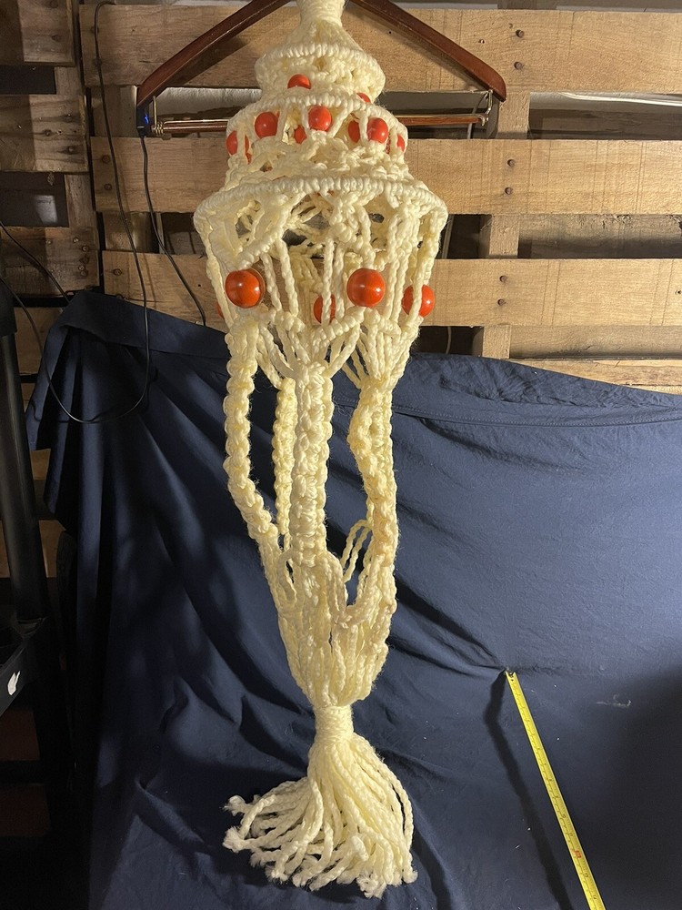 Vintage Macrame Hanger White With Red Beads