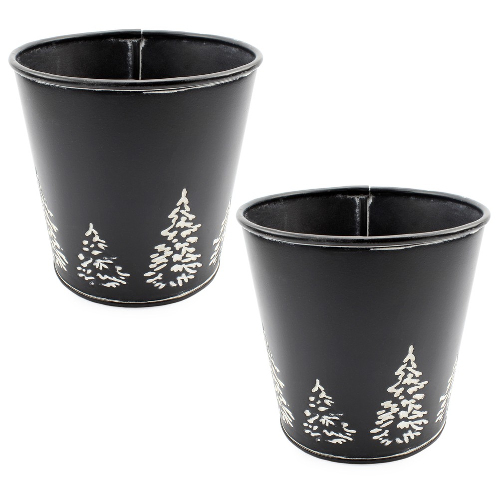 Black Mini Christmas Tree Buckets 2pk, Metal Tree-Embossed