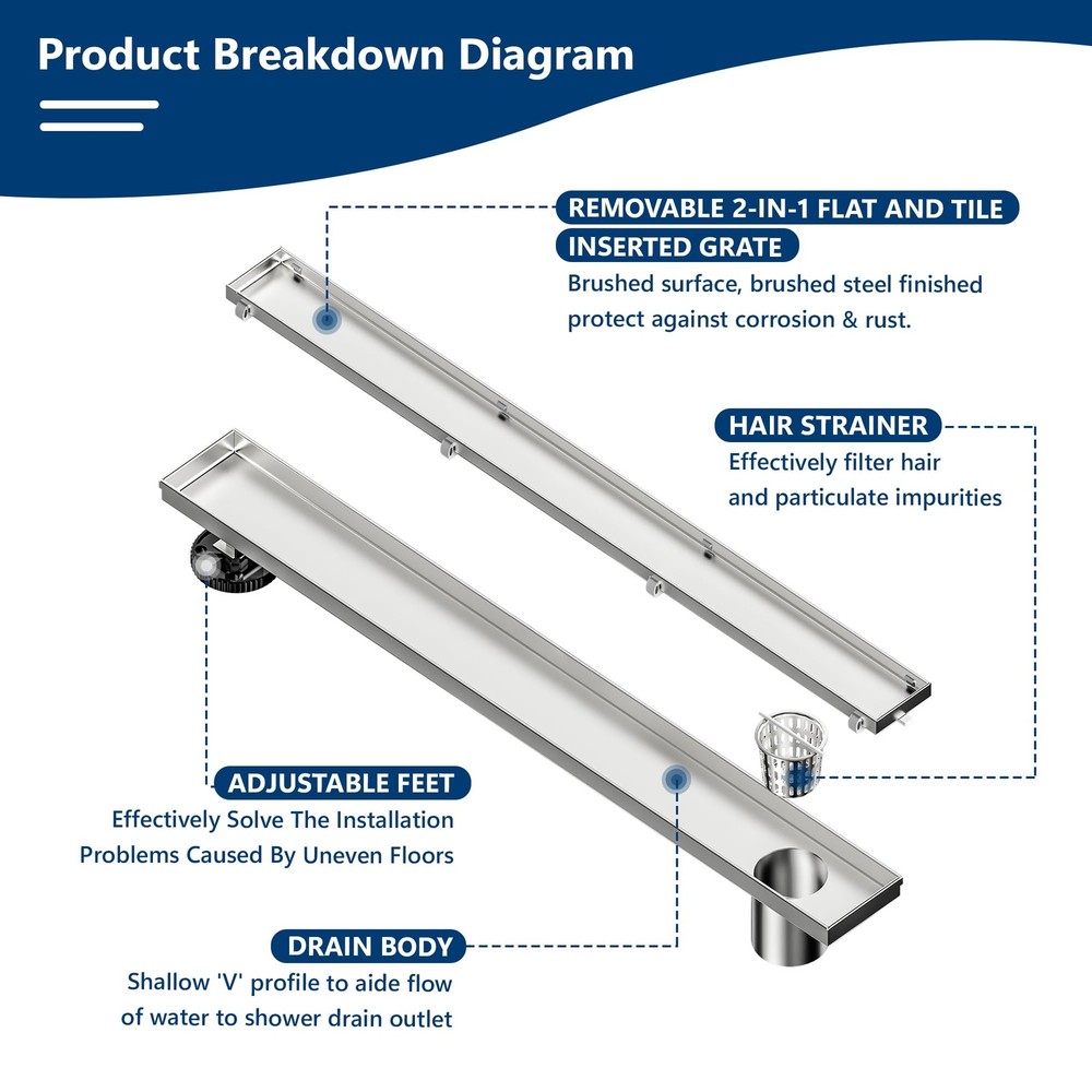 Neodrain 24-Inch Offset Linear Shower Drain with Tile Insert 24 In, Stainless