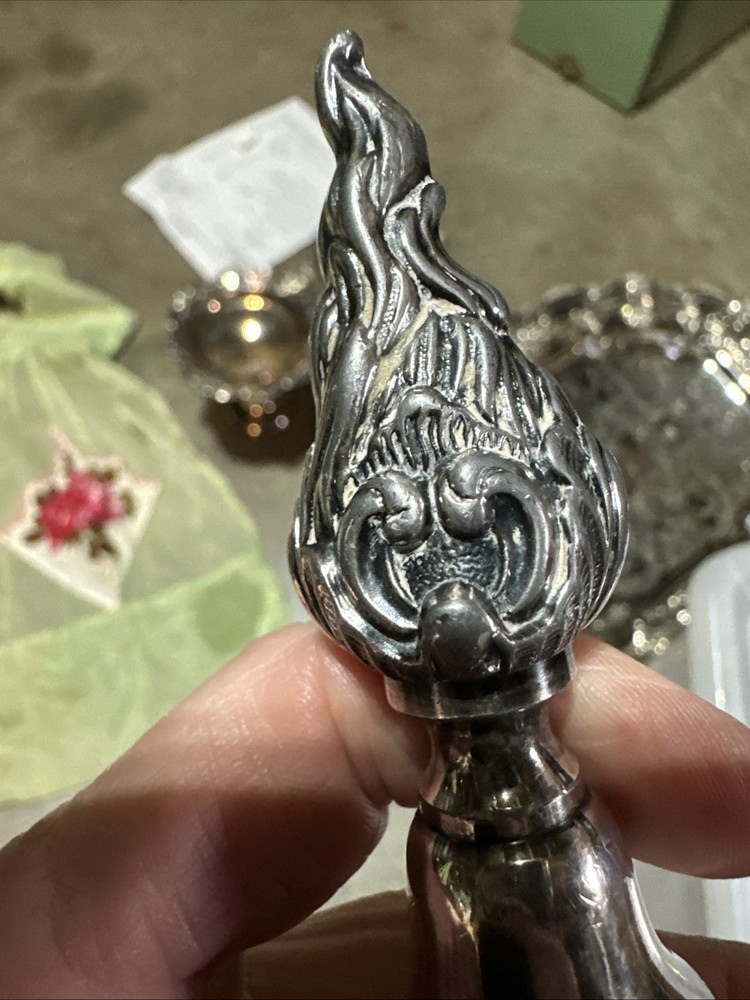 Rare Antique Silverplate Candelabra Flame Finial Topper Solid 4"