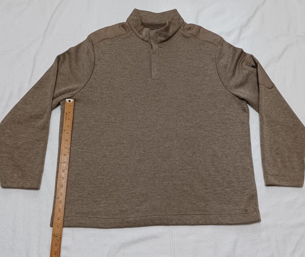 Mens Heathered Tan Tactical Mock Neck Button Pullover with Sleeve Pocket Large