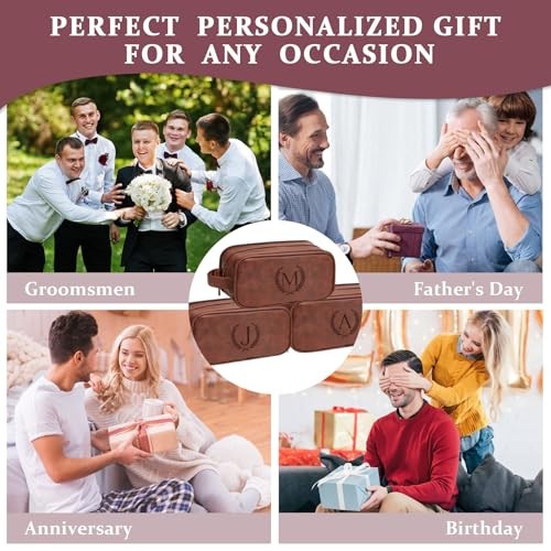 Leather Toiletry Bag for Men, Personalized Laserngraved Initials & Red Brown E