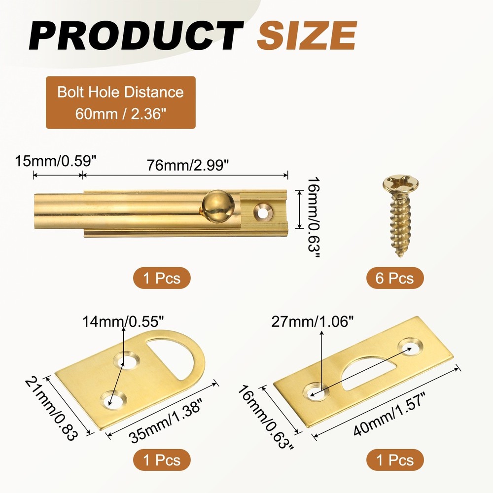 3" Solid Brass Surface Bolt, Polished Slide Latch Door Lock, Brass Tone