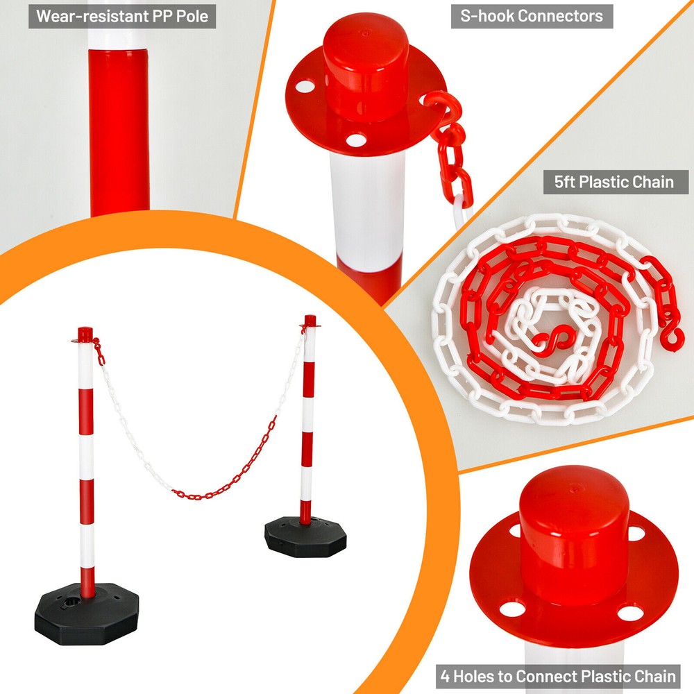 6PCS Traffic Delineator Pole Safety Caution Barrier w/ 5ft Link Chains White &