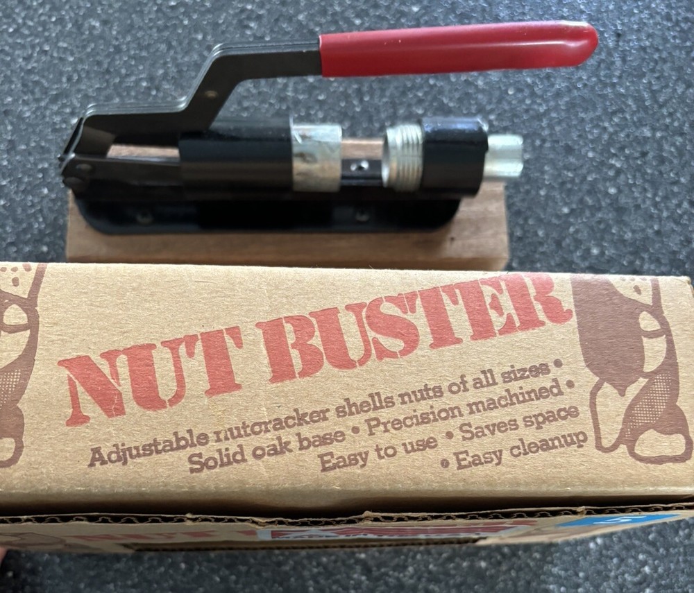 Vtg Nut Buster Adjustable Nutcracker ShellsNuts Of All Sizes Solid Oak Base Used