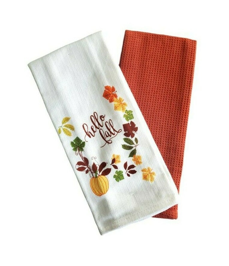 Harvest Autumn Design Woven Kitchen Towels “Hello Fall” - 2 Pack