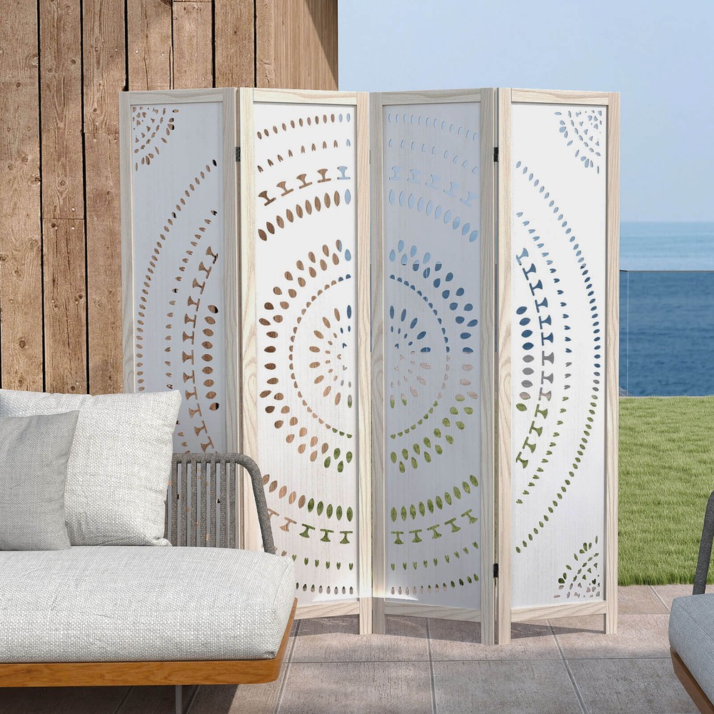 66" Boho 4-Panel Room Divider w/ Carved Pattern & Solid Wood Frame 360° Hinges