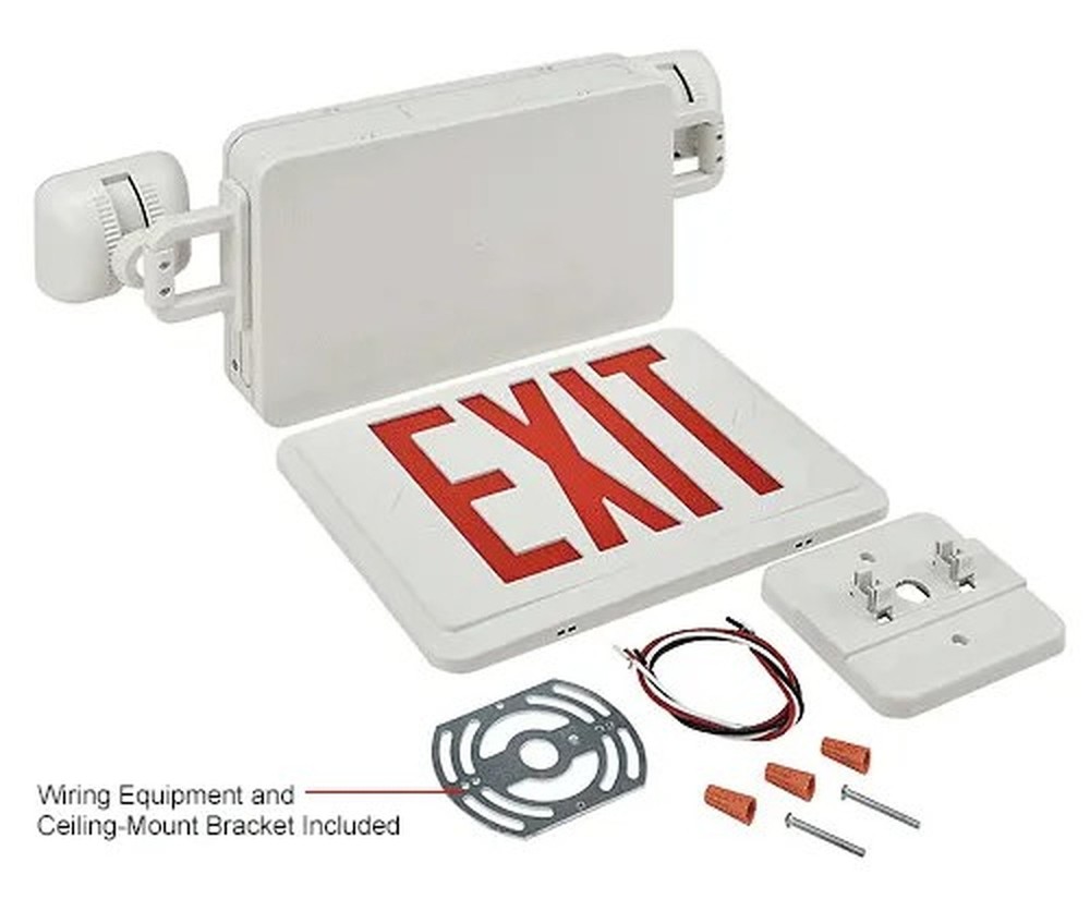 Combo LED Emergency Exit Sign, Red Letters, Ceiling & Wall Mount