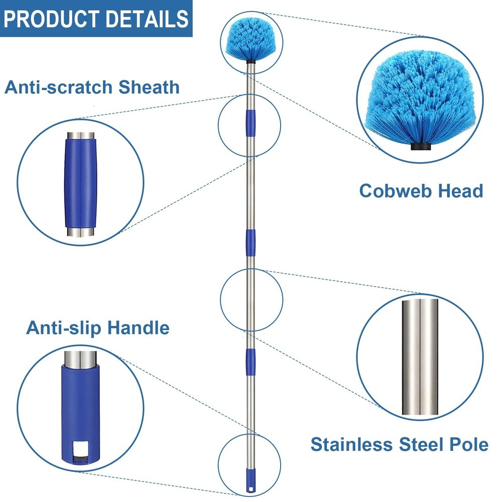Cobweb Duster with Pole, 4ft Stainless Steel Pole Cobweb Brush with Medium-St...