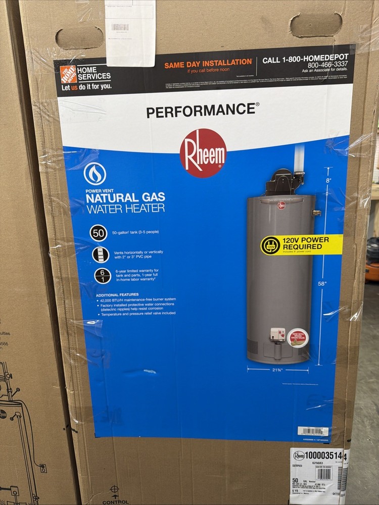 Rheem Natural Gas Vent Tall Water Heater 50 Gal 42,000 BTU XG50T06PV42U0
