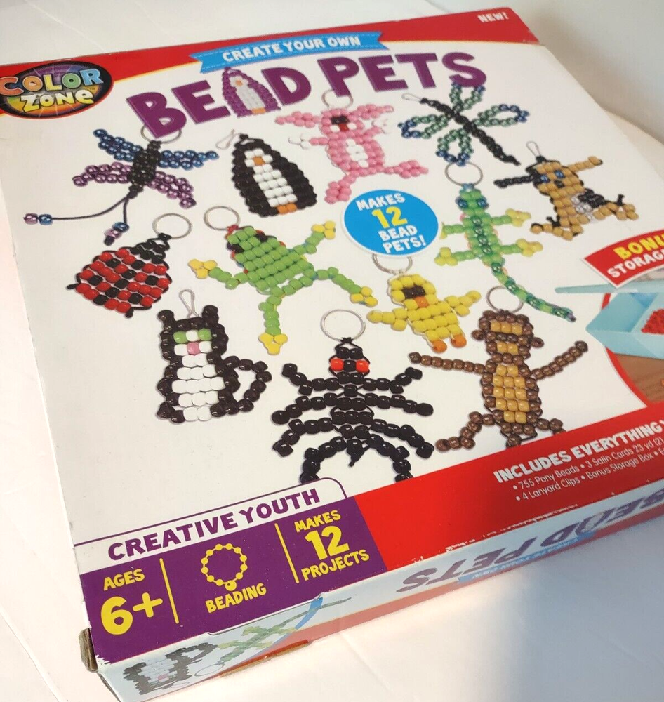 Color Zone BEAD PETS Kit - Makes 12 Projects w/ Storage Box - Unopened