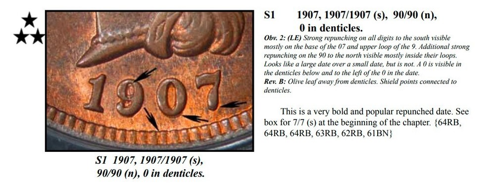 1907 Indian Cent Mint State **SNOW 1 REPUNCHED DATE & MISPLACED DIGIT**