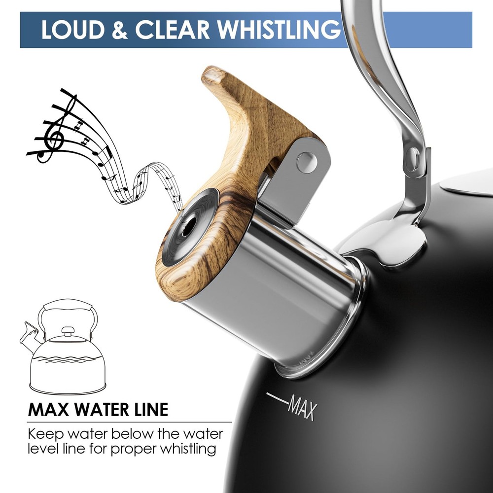 Whistling Tea Kettle 2.6 Quart with Cool Wood Pattern Handle Black Color