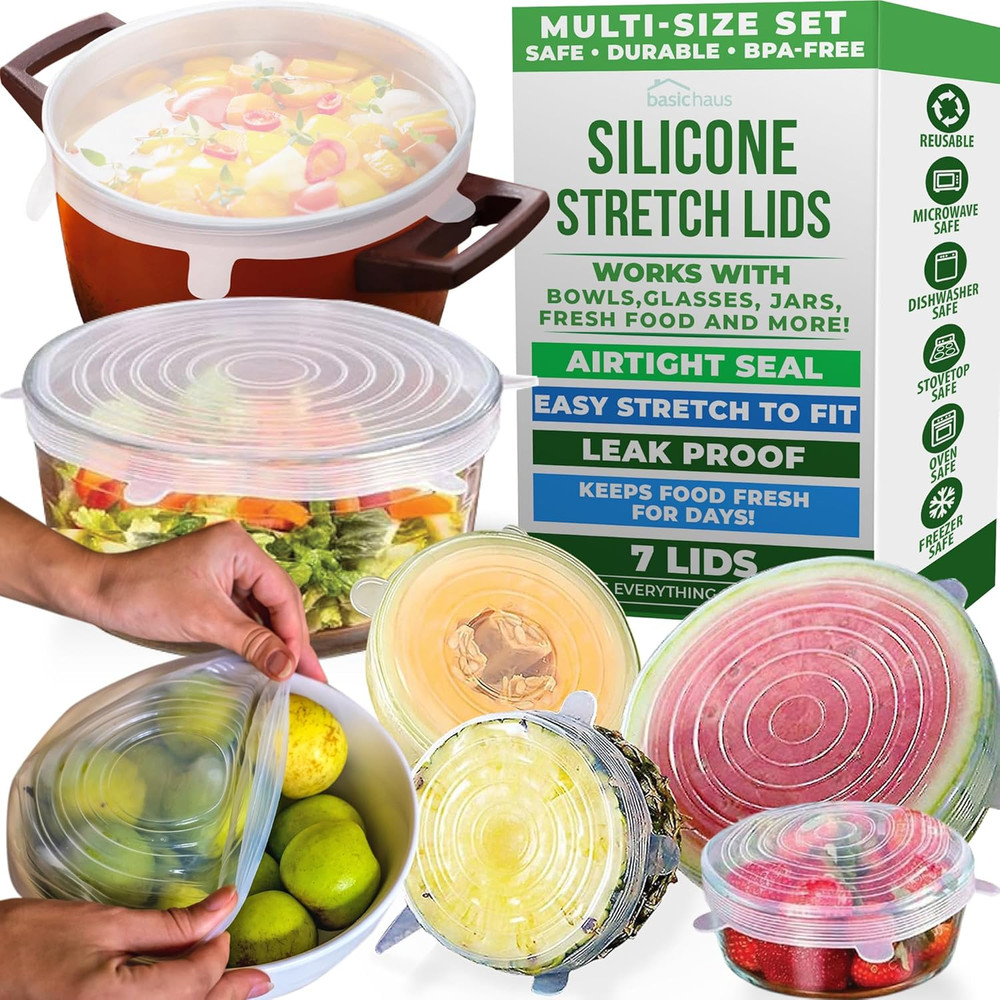 Reusable Silicone Stretch Lids for Fridge, Bowl Covers, Cups, Cans, Jars, 7 Pack
