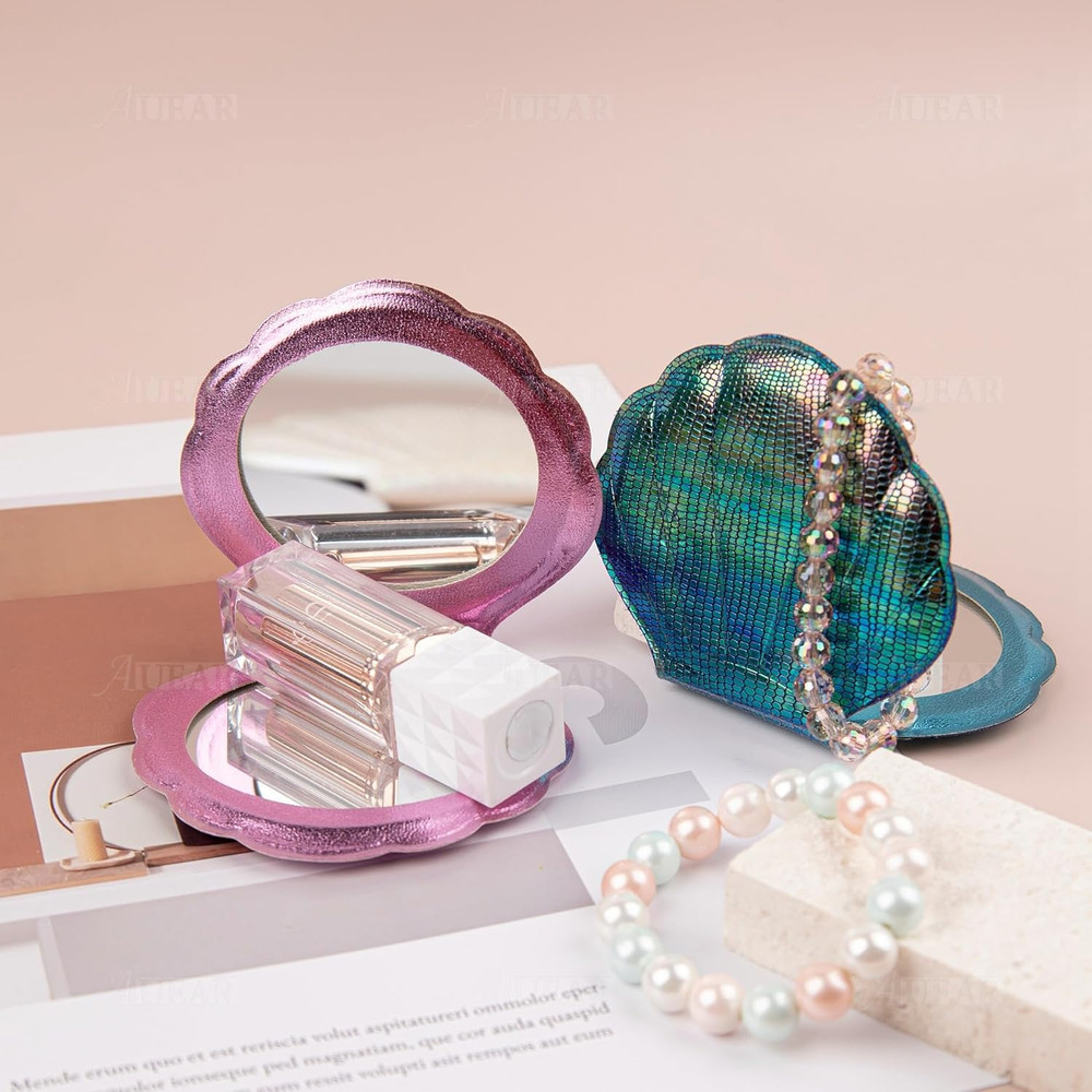 , 4 Pack Glitter Shell Double-Sided Magnification Makeup Mirrors Colors Handheld