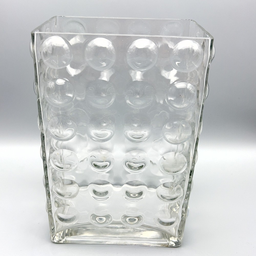 Mid Century Modern Style Vase Bubble Quilted Optic Clear Glass Rectangular 7.75"