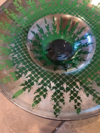 " Console Centerpiece Bowl Flared Green W Silver Design