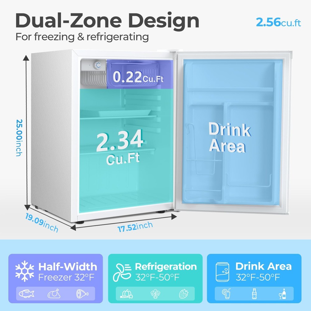 2.56 Cu.Ft. Mini Fridge with Freezer, Small Refrigerators with Adjustable The...