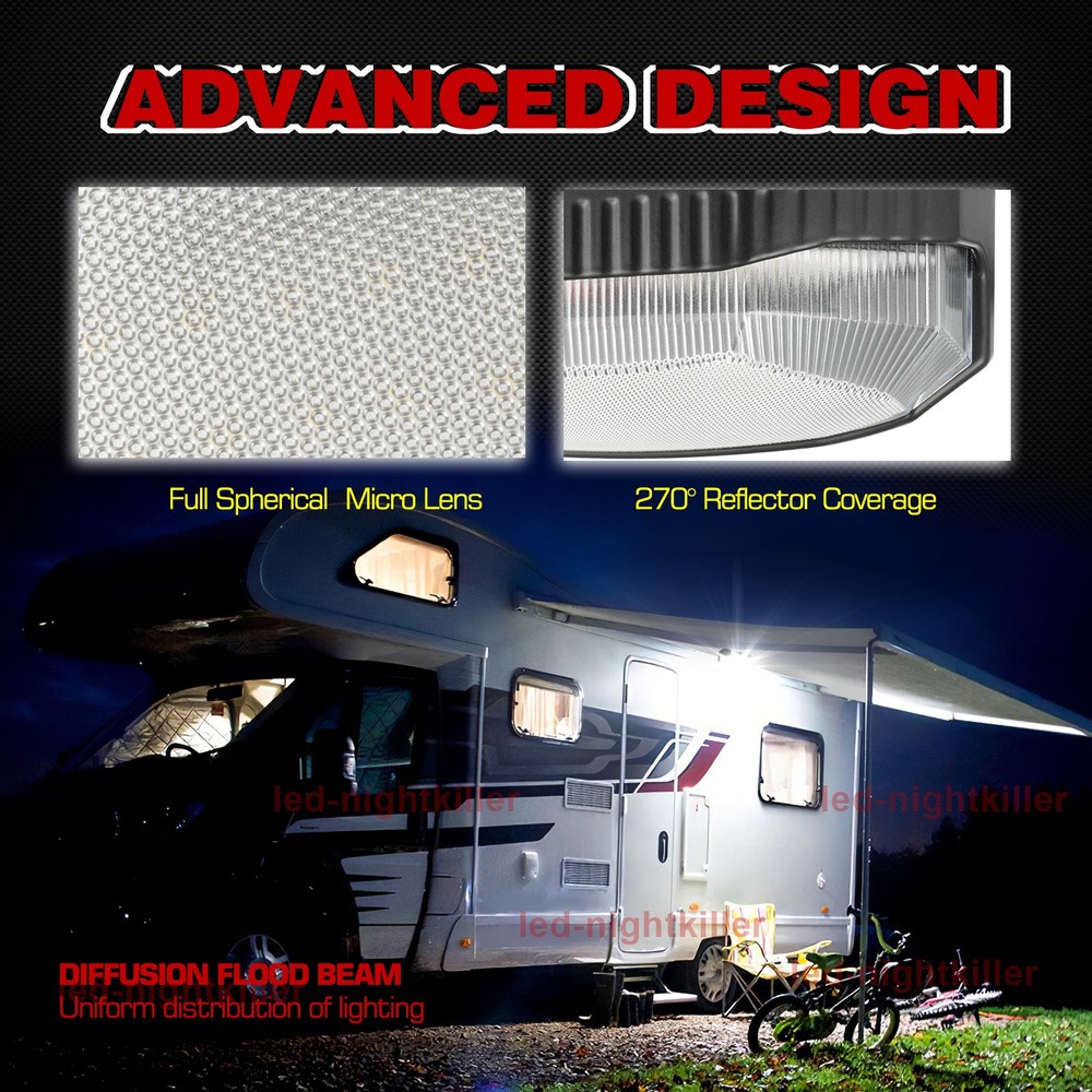 Black LED RV Exterior Porch Utility Light 12V Camper Lamp 6000K For Trailer Boat