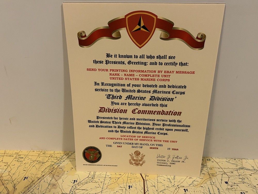 U.S.M.C. / THIRD MARINE DIVISION ~ DIVISION COMMENDATION REPLACEMENT CERTIFICATE