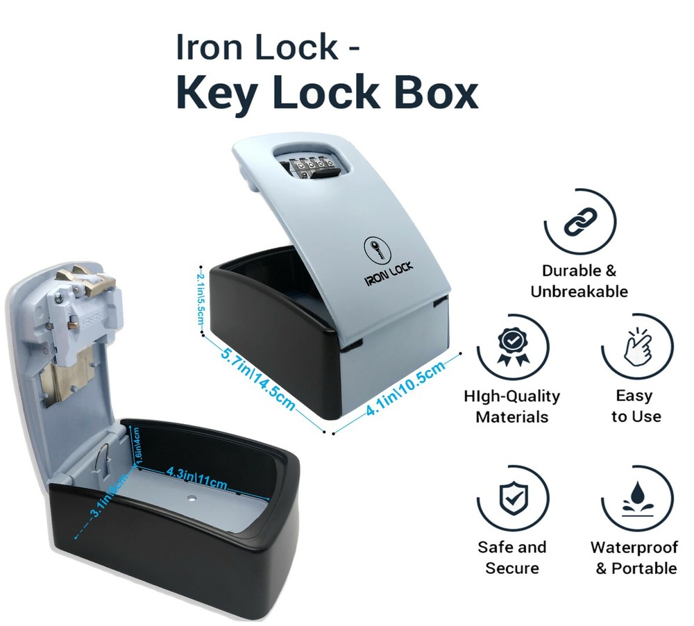 Iron Lock® - Key Lock Box Wall Mount for Keys 4 Digit Combination