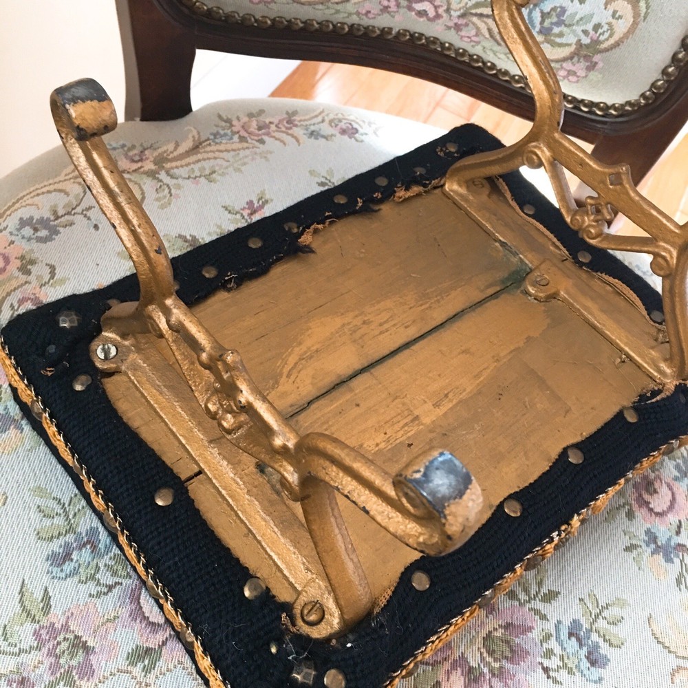Antique Needlepoint Rectangular Foot Stool w/ Metal Feet