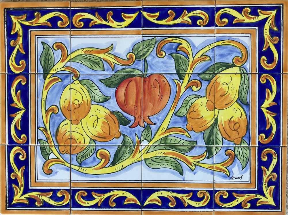 24" x 18" Ceramic Tile Mural Backsplash Kitchen Wall Hand Painted Pomegranate