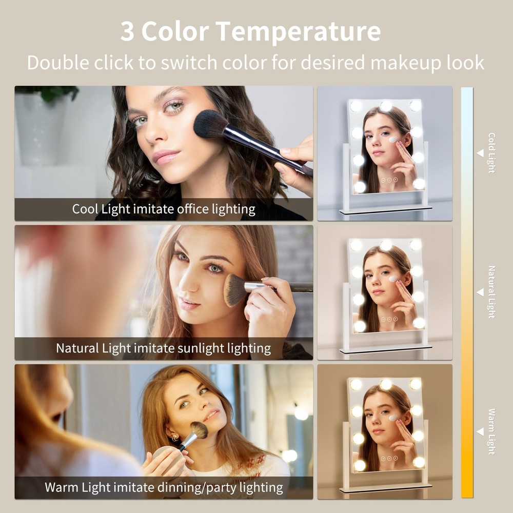 Vanity Makeup Mirror, Lights, 3 Color Lighting, 10X Magnification, White