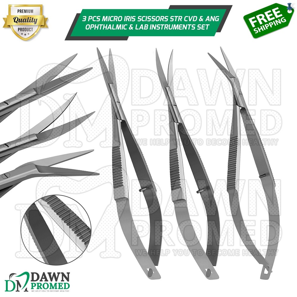 3 Pcs Micro Iris Scissors 4.5" STR, CVD & ANG Ophthalmic & Lab Instruments Set