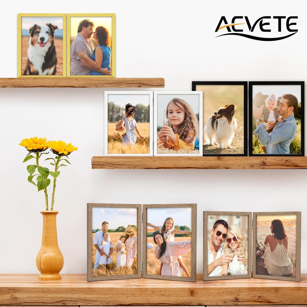 5x7 Picture Frames Double Hinged Wood Folding Photo Frames Vertical with Plex...