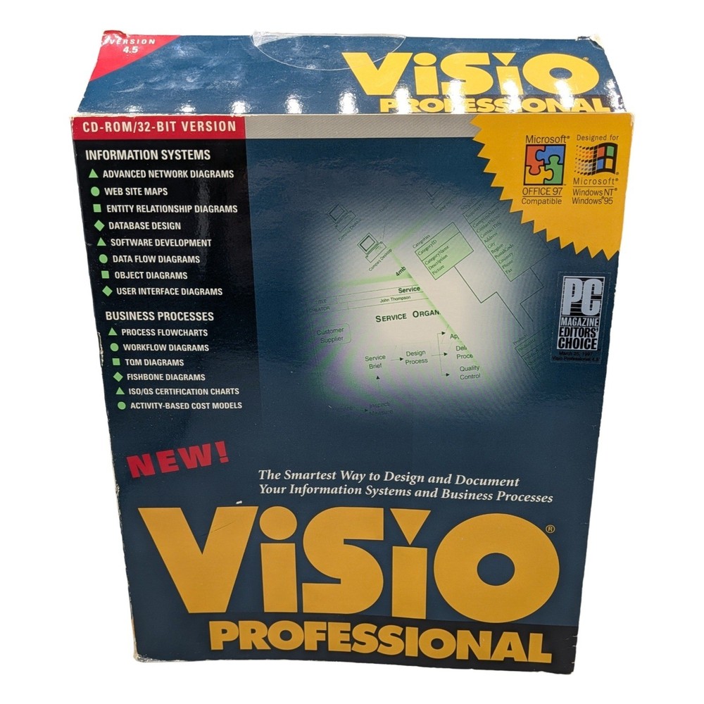 Visio Professional Version 4.5 PC Big Box Software Windows 95 NT CD-ROM 1996