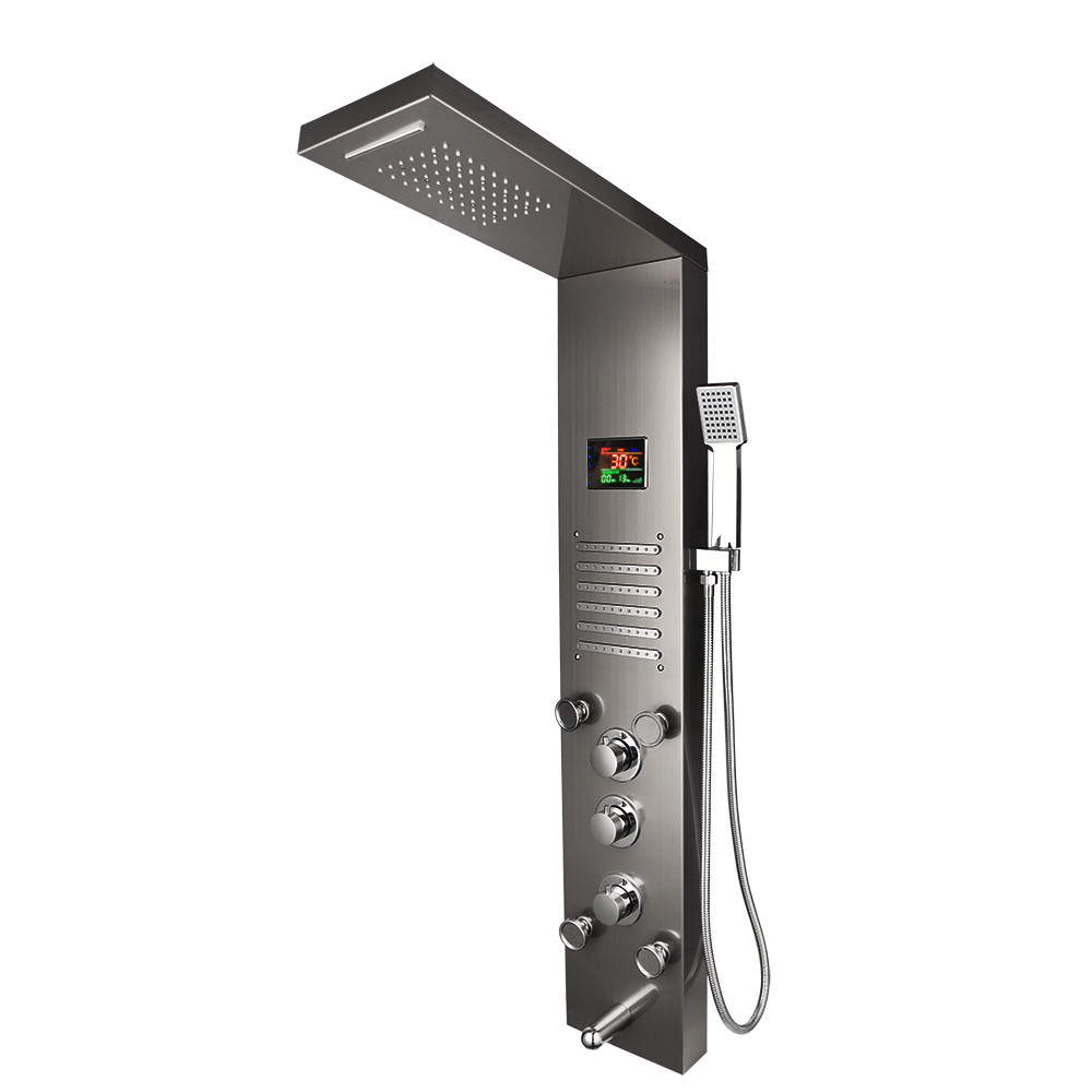 Bathroom Black Wall Mount Shower Panel Column LED Rainfall Jets Shower Mixer Tap