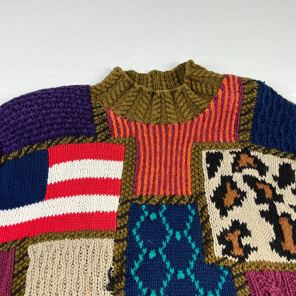 Outlander Patchwork Mock Neck Sweater Cable Knit Kitsch Vintage Size MEDIUM FLAW