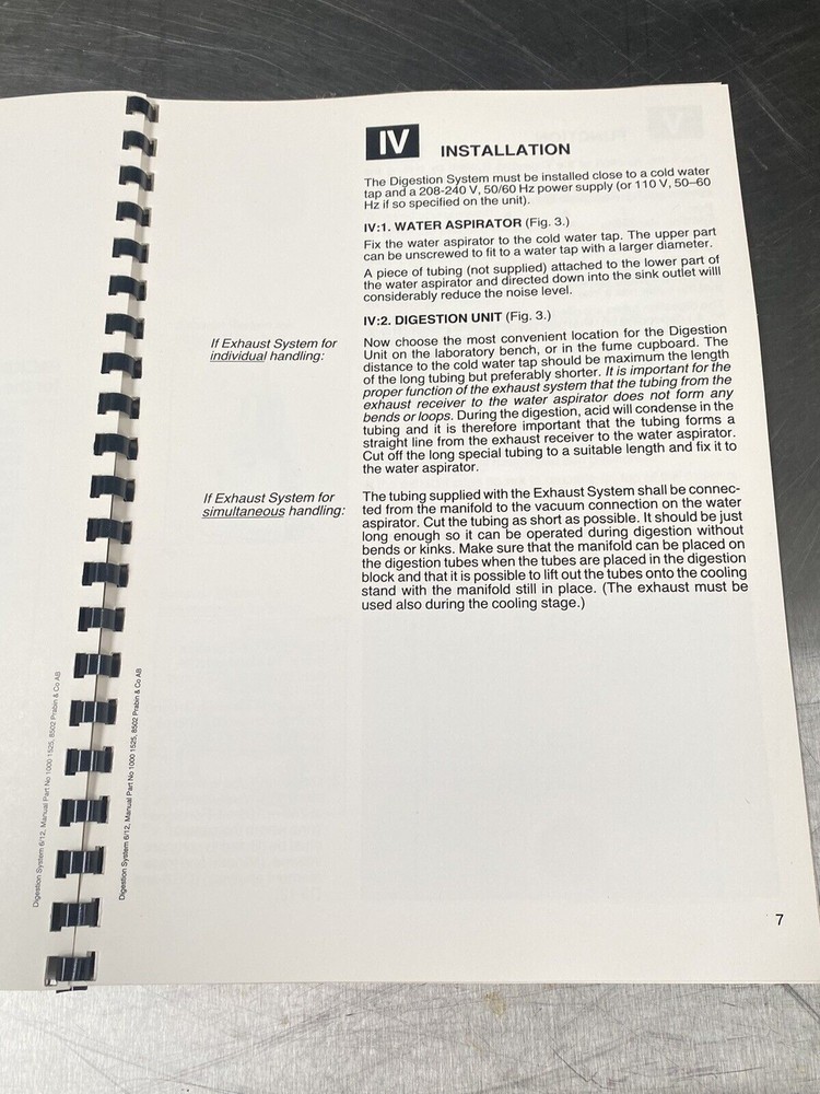 Tecator Digestion System 6/12 - Users Manual /Instructions Book