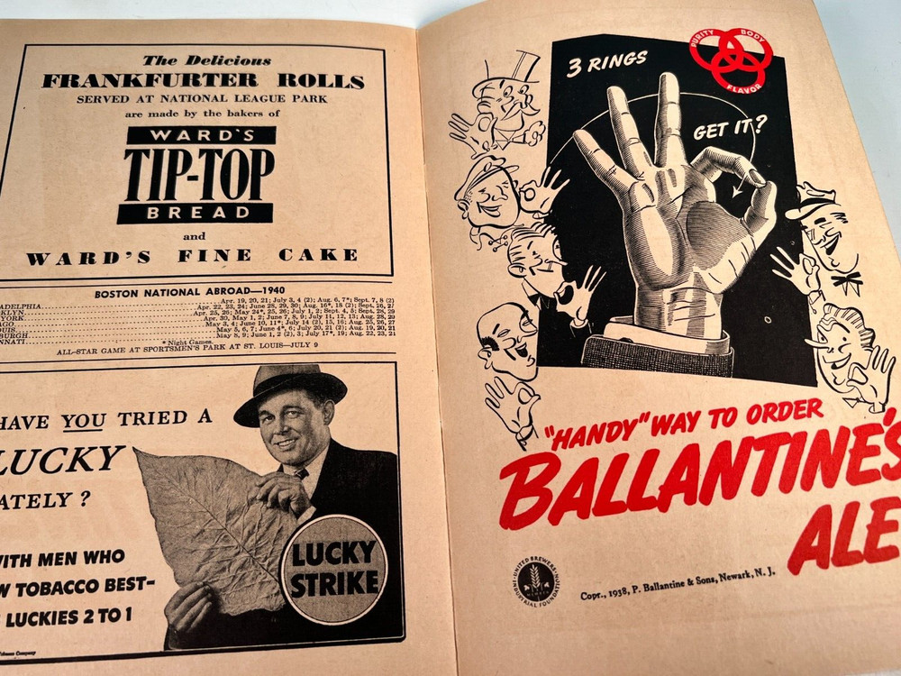 1940 Boston Braves Baseball Program vs Reds Unscored HIGH GRADE🔥
