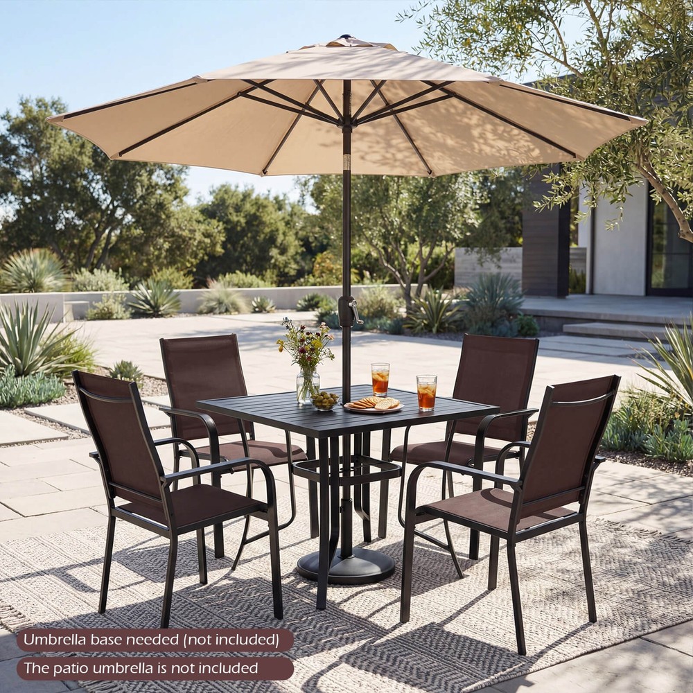 5PCS Patio Dining Set, Outdoor Square Table & Stackable Chairs w/Umbrella Hole